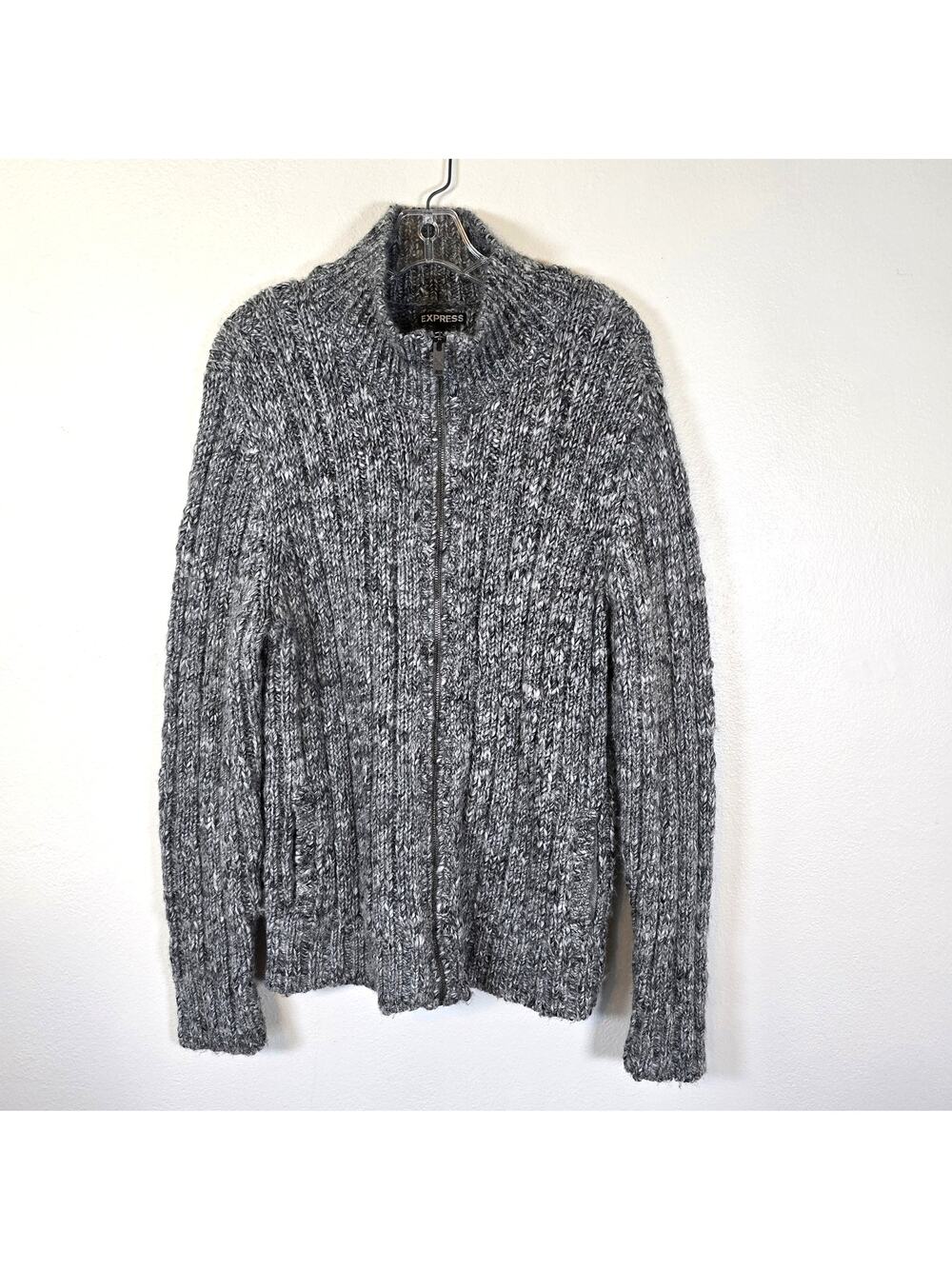 Express Heritage Sweater Men's L Gray Marled Wool Alpaca Blend Full Zip Preppy